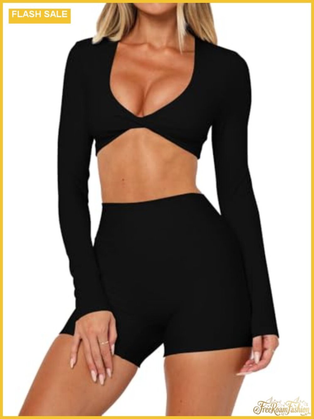 Long Sleeve Crop Top Twist Deep V Neck Athletic Yoga Shirt High Stretch